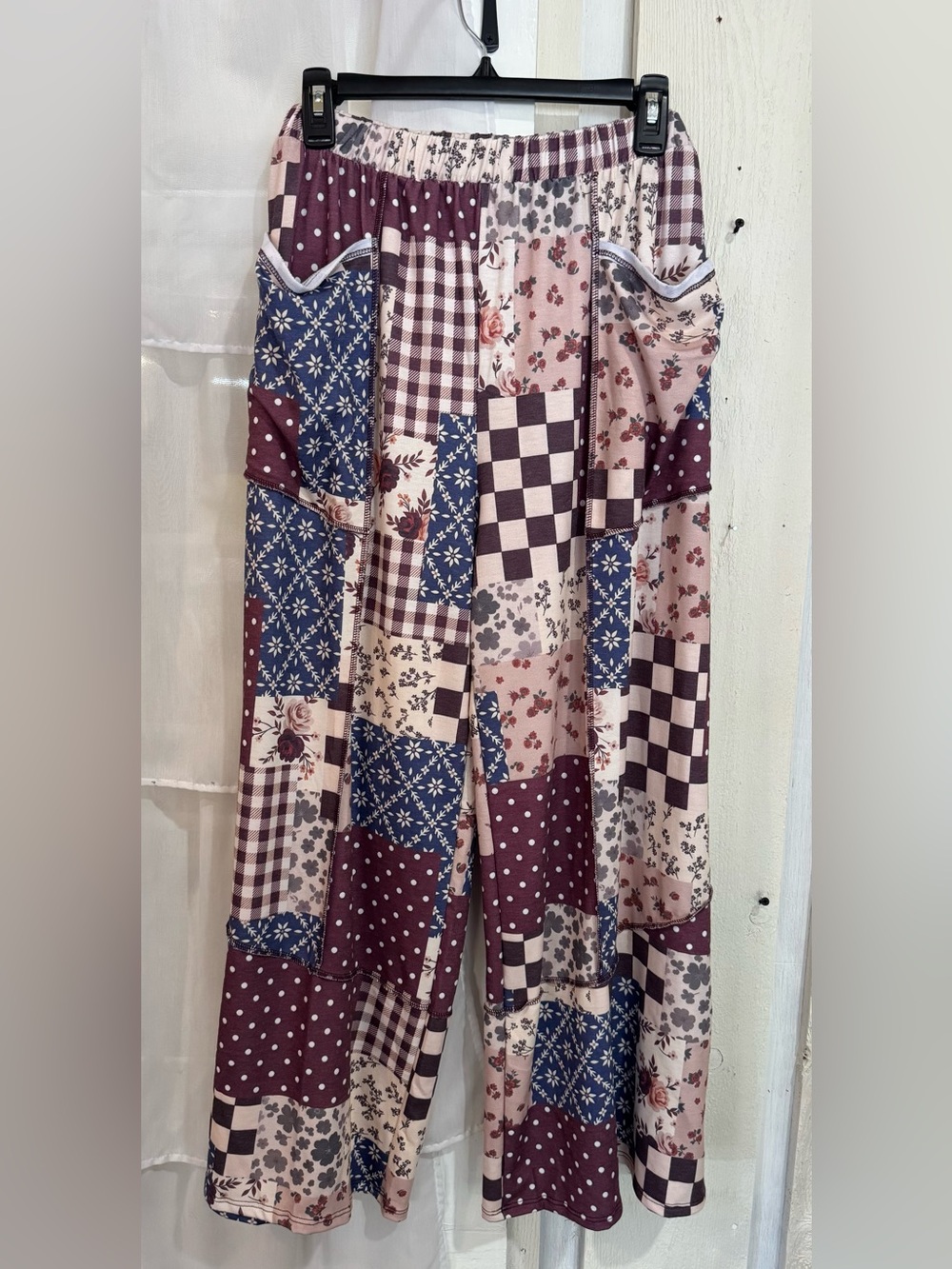 Women’s Patchwork Print Pull-On Pants - Pink, Blue & Burgundy - haptics